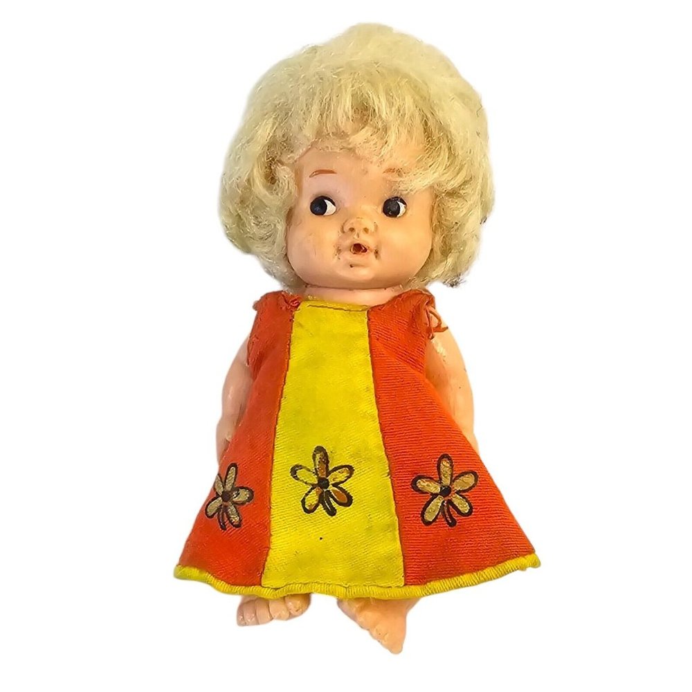 Vintage Uneeda Doll Baby PEEWEE Doll 1966 Hong Kong Blonde Yellow Orange Dress